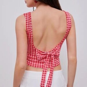 CIDER Tank Top Cute Backless Festival Crop Top Country Gingham Knit Boat Neck XS